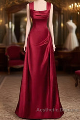 Wine Red Straps Satin Scoop Floor Length Evening Prom Dresses, Wine Red Long Evening Dresses